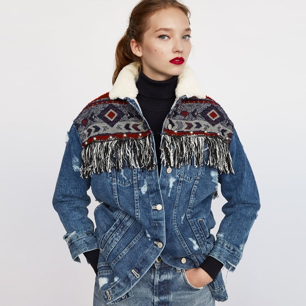 Zara Blue Aztec Fringe Faux Shearling Collar Jacket Size Small